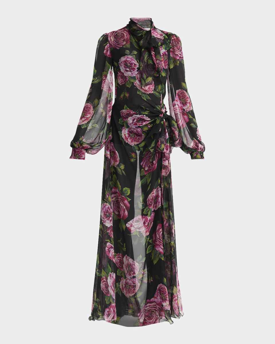 Rosa Antica Neck-Scarf Chiffon Wrap Gown